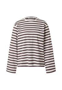 Langarm t-shirt met ronde hals in het wit met donkerbruine horizontale strepen. Zachte stof met een relaxte pasvorm en rechte zoom.