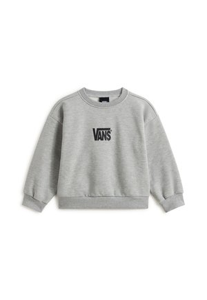 Jasnoszara bluza z długim rękawem i okrągłym dekoltem, z czarnym logo Vans na środku klatki piersiowej, ściągaczem przy mankietach i u dołu.