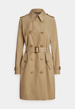Beige trench coat with double-breasted design, gold-tone buttons, epaulets, belted waist, and side pockets. Smooth, sturdy fabric.