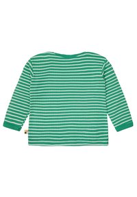 Grünes Langarmshirt mit horizontalen weißen Streifen. Gerippte Textur und Rundhalsausschnitt-Design. Verfügt über ein kleines, mehrfarbiges Etikett an der Seite.