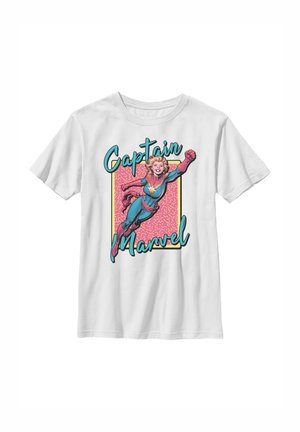 Hvid t-shirt med korte ærmer med farverigt grafisk motiv af flyvende Captain Marvel og turkis tekst med teksten "Captain Marvel" på pink og gul baggrund.
