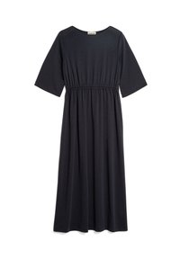 Tummanharmaa, polvimittainen mekko, jossa on lyhyet hihat, joustava vyötärönauha ja sileä pinta. Yksinkertainen, löysä siluetti. Ei kuvioita tai yksityiskohtia.