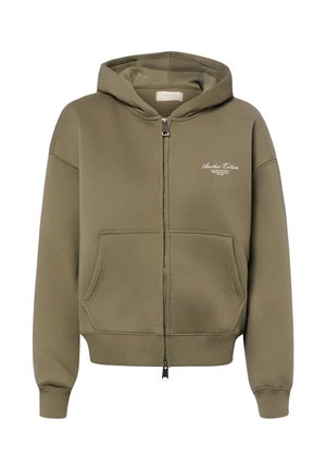 Olive green zip-up hoodie with front pockets, ribbed cuffs and hem, hood, and small white text logo on left chest.