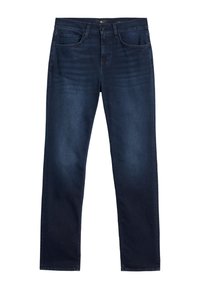 Jeans in denim blu scuro con taglio dritto, cinque tasche e finitura pulita. Presentano una leggera scoloritura e una vita standard.