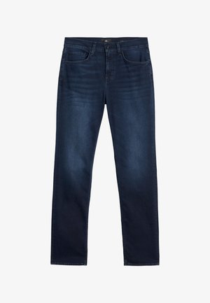 Donkerblauwe spijkerbroek met een rechte snit, vijf zakken en een strakke afwerking. Heeft subtiele vervaging en een standaard tailleband.