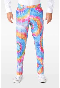 Colorful tie-dye pants featuring blue, pink, yellow, and orange swirls. Made of lightweight fabric with a relaxed fit and flat front design.
