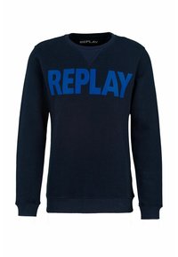 Felpa a maniche lunghe blu navy con il grande testo blu "REPLAY" sul petto e polsini e fondo a costine.