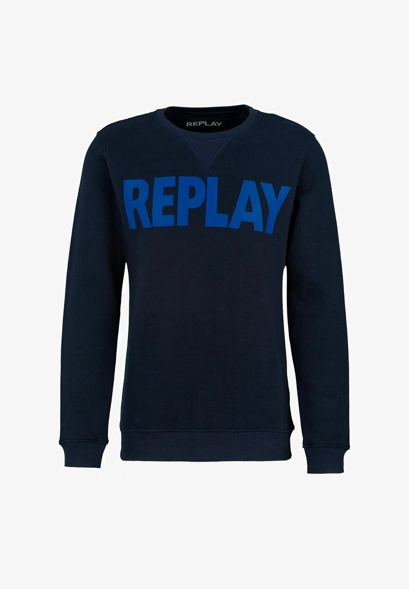 Felpa a maniche lunghe blu navy con il grande testo blu "REPLAY" sul petto e polsini e fondo a costine.
