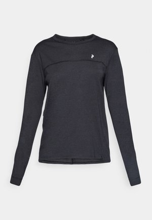 Black long-sleeve crew neck shirt with a small white logo on the upper chest and subtle horizontal seam across the front.