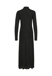 Schwarzes, langärmeliges Kleid mit gerippter Textur und taillierter Silhouette; knielange Länge mit hohem Ausschnitt und ohne sichtbare Hardware-Details.