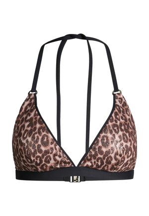 Haut de bikini triangle avec imprimé léopard marron et noir, fines bretelles halter noires, et bande noire avec fermeture métallique au centre devant.