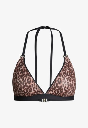 Driehoekige bikini top met bruine en zwarte luipaardprint, dunne zwarte halterbandjes en een zwarte band met metalen gesp aan de voorkant in het midden.