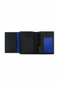 Black leather wallet with a textured finish, featuring multiple card slots, a blue accent panel, and a zippered pocket.