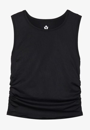 Black sleeveless tank top with a fitted design and gathered sides. A small logo is visible near the neckline.