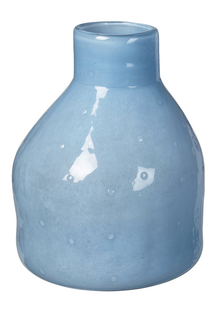 Keramikvase in Hellblau, runde Form, matte Oberfläche mit glänzenden Akzenten, verfügt über kleine erhabene Punkte entlang des Körpers.