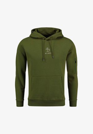 Olive green hoodie made from soft fabric, featuring a front pocket, drawstring hood, and a zippered sleeve pocket with logo detail.
