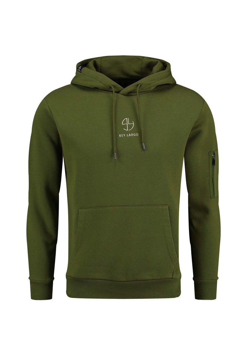 Sudadera verde oliva hecha de una tela suave, que presenta un bolsillo frontal, capucha con cordón y un bolsillo con cremallera en la manga con detalle de logo.
