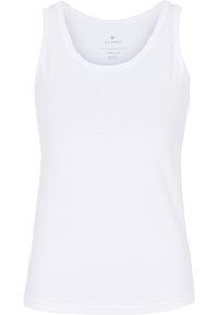 Hvid bomulds tanktop med en rund udskæring og brede skulderstropper. Blød tekstur og sømløst design for komfort.