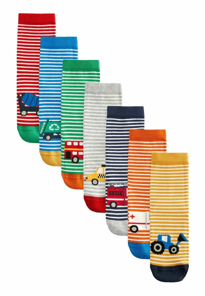 Sieben Paare gestreifter Socken in verschiedenen Farben mit Fahrzeugstickereien, darunter ein Lkw, ein Bus, ein Taxi und ein Feuerwehrauto.