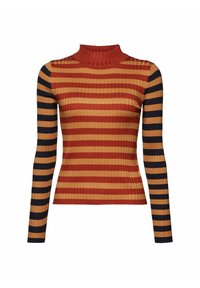 Pull à col roulé en maille côtelée à manches longues avec des rayures horizontales en rouille et moutarde sur le corps, et en bleu marine et moutarde sur les manches.