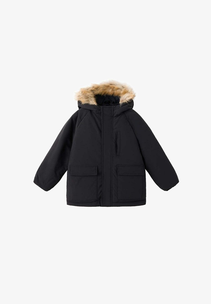 Manteau d'hiver noir à manches longues, poches avant et capuche bordée de fausse fourrure marron clair.