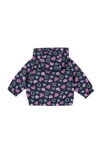 Veste imperméable avec un fond marine, ornée d'un motif de cœurs roses, violets et blancs. Comprend une capuche et des poignets élastiqués.