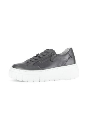 Black leather sneaker with thick white platform sole, lace-up front, and side zipper detail on a plain white background.