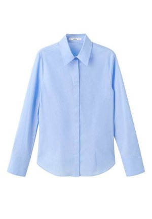 Lichtblauw overhemd met lange mouwen, klassieke kraag, gladde textuur, getailleerde pasvorm en zijnaden voor een gestructureerde uitstraling.