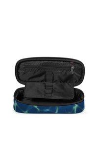 Custodia con zip blu e verde a motivo, con un interno nero, dotata di una tasca interna e cinghie organizzative per accessori.