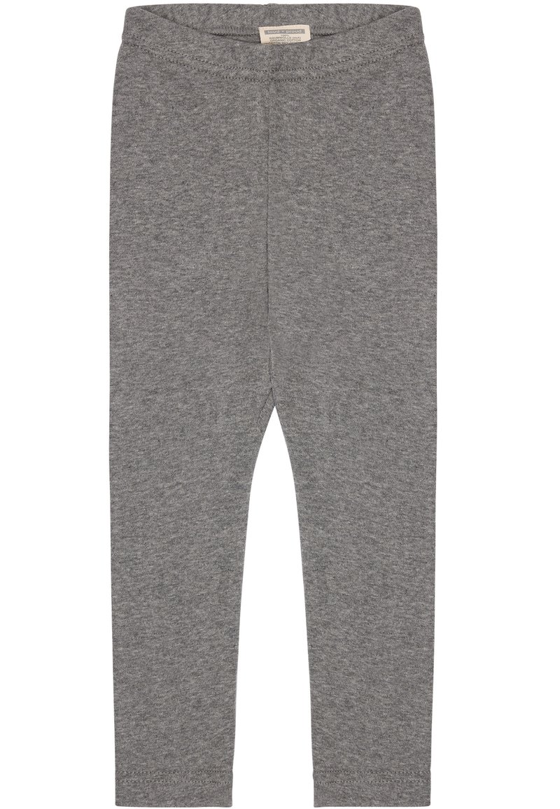 Grijze leggings van een zachte, rekbare stof. Heeft een effen kleur, een elastische taille en een taps toelopende pasvorm met een gladde textuur.