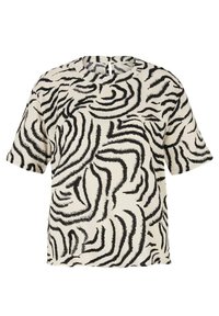 Haut beige à manches courtes avec un motif abstrait de rayures ondulées noires et un col rond.