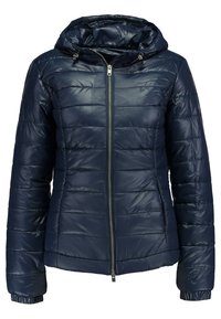 Navyblaue Daunenjacke mit Reißverschluss, Kapuze und gestepptem Design. Verfügt über elastische Bündchen und zwei Seitentaschen. Glatte, glänzende Textur.