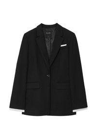 Black blazer with notched lapels, single button closure, two front pockets, and a contrasting white cuff lining. Label: Calliope.