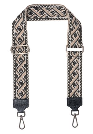 Gewebtes Stoffband mit einem beigen und schwarzen geometrischen Muster. Enthält Lederenden und silberne Metallclips zur Befestigung.