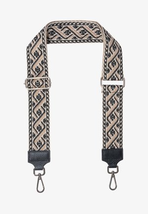 Gewebtes Stoffband mit einem beigen und schwarzen geometrischen Muster. Enthält Lederenden und silberne Metallclips zur Befestigung.
