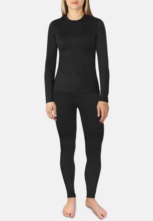 Black thermal base layer set comprising a long-sleeve top and full-length leggings. Made from smooth, stretchy material, fitted design.