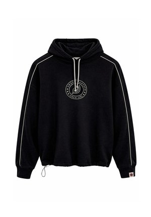 Sudadera con capucha negra con cordones blancos, ribete blanco en las mangas, logo circular en el centro y cordón ajustable en el dobladillo.