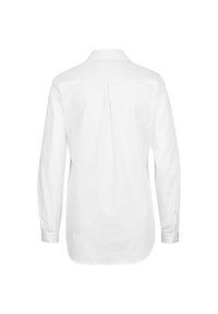 Witte lange mouwen shirt met een puntkraag, achterste plooi en geknoopte manchetten; gemaakt van gladde stof met een effen ontwerp.