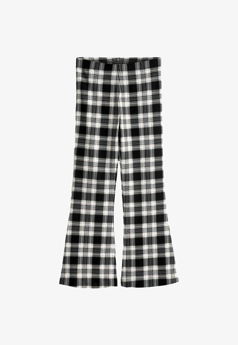 Pantaloni a zampa d'elefante a scacchi in bianco e nero, caratterizzati da un tessuto testurizzato, con una gamba ampia e una vita alta.