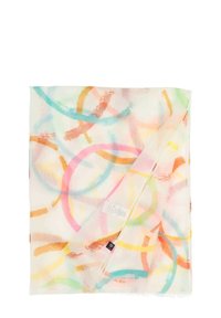 Lightweight scarf featuring colorful circular patterns in pink, orange, blue, and green on a white background. Edges are fringed.