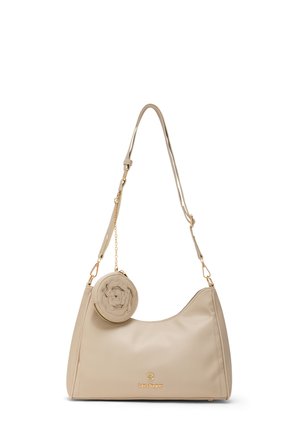 Borsa a spalla in pelle beige con tracolla regolabile e pochette rotonda porta monete con motivo floreale in rilievo e componenti color oro.