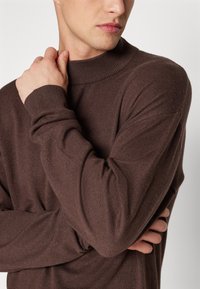 Suéter marrón de cuello alto con cuello acanalado y mangas largas. Presenta una textura suave y un corte relajado, exhibiendo un diseño simple y moderno.