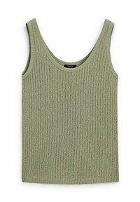 Green ribbed tank top with a scoop neckline and wide straps, featuring textured fabric and a straight hem.