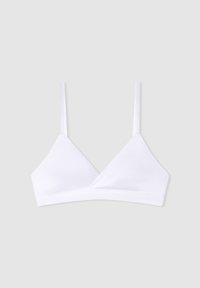 Bralette bianco a triangolo con sottili spalline regolabili e una finitura in tessuto liscia. Presenta un design semplice e senza cuciture, privo di imbottitura o ferretto.