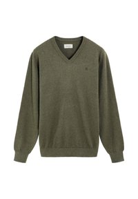 Suéter de cuello en V en verde oliva. Fabricado en un tejido suave y texturizado, con mangas largas y puños y dobladillo de canalé. Presenta un pequeño logotipo.