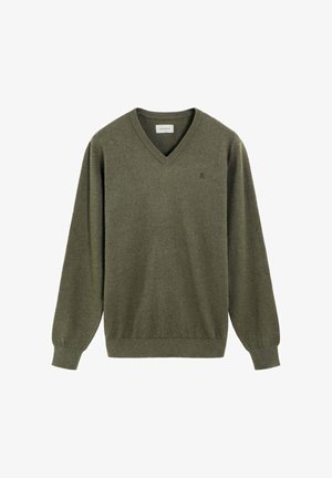 Olijfgroene V-hals trui. Gemaakt van zachte, gestructureerde stof met lange mouwen en ribben aan de manchetten en zoom. Voorzien van een klein logo.