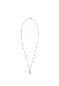 Collana in oro con ciondolo a forma di mano decorato con dettagli intricati e superficie testurizzata.