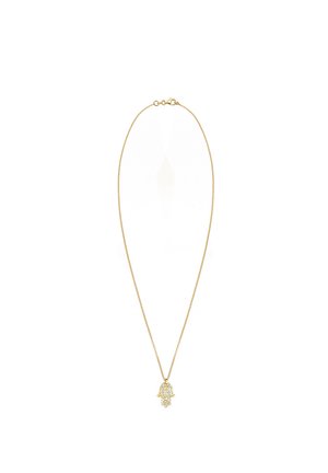 Gouden ketting met een handvormige hanger versierd met ingewikkelde details en een gestructureerd oppervlak.