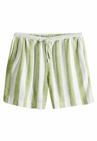 Gestreifte Shorts in Hellgrün und Weiß, mit einem elastischen Bund und einem Kordelzug, entworfen für lässige Sommermode.
