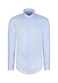Camicia azzurro chiaro a maniche lunghe con colletto button-down, chiusura frontale con bottoni e fodera interna del colletto con motivo a contrasto. Tessuto dalla texture liscia.